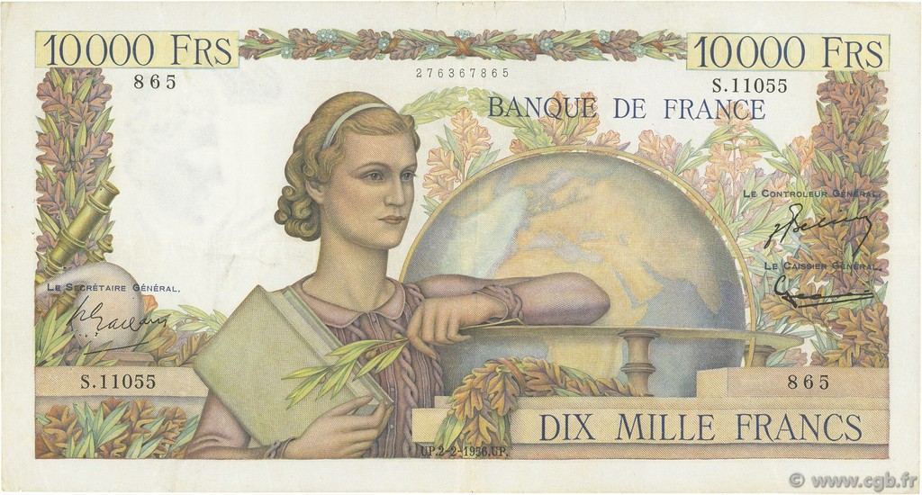 10000 Francs GÉNIE FRANÇAIS FRANCE  1956 F.50.79 VF