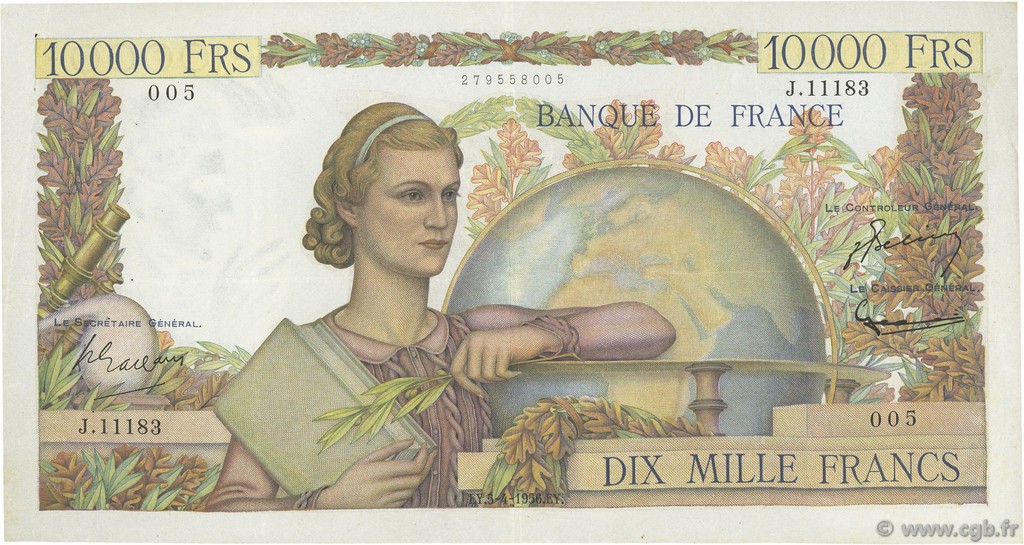 10000 Francs GÉNIE FRANÇAIS FRANKREICH  1956 F.50.80 SS