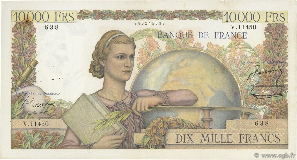 10000 Francs GÉNIE FRANÇAIS FRANCE  1956 F.50.80 F - VF