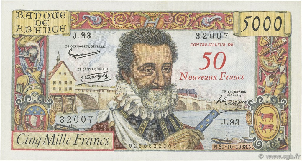 50 NF sur 5000 Francs HENRI IV FRANCE  1958 F.54.01 SUP