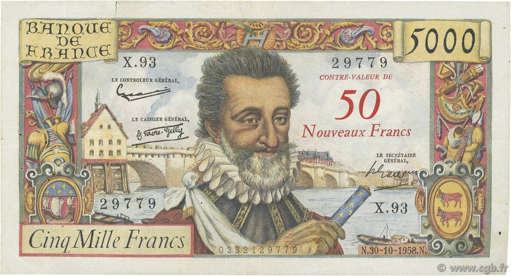 50 NF sur 5000 Francs HENRI IV FRANCIA  1958 F.54.01 q.BB