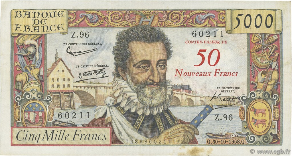 50 NF sur 5000 Francs HENRI IV FRANCIA  1958 F.54.01 q.BB