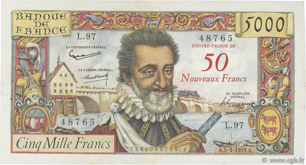 50 NF sur 5000 Francs HENRI IV FRANCIA  1959 F.54.02 q.SPL