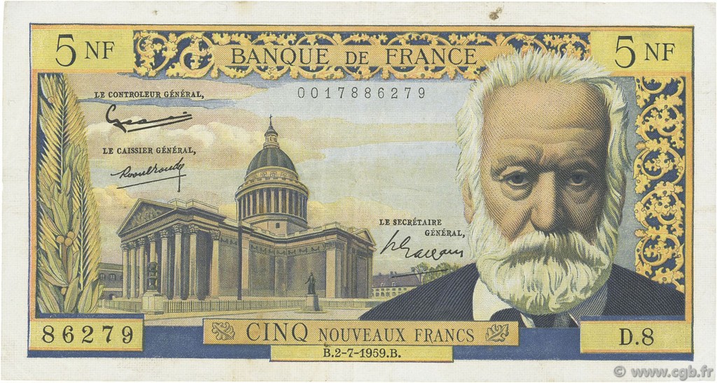 5 Nouveaux Francs VICTOR HUGO FRANCIA  1959 F.56.02 BB