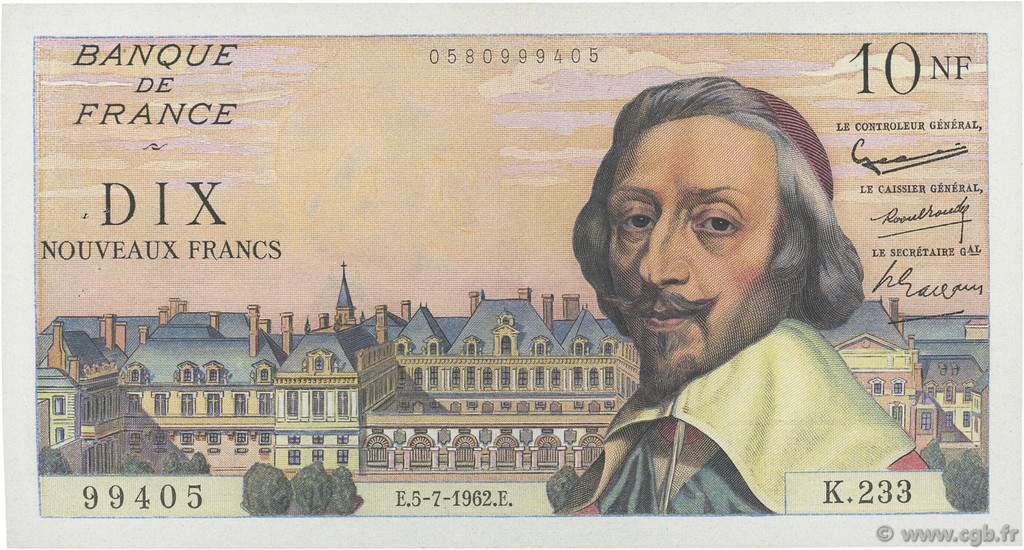 10 Nouveaux Francs RICHELIEU FRANCIA  1962 F.57.20 MBC a EBC
