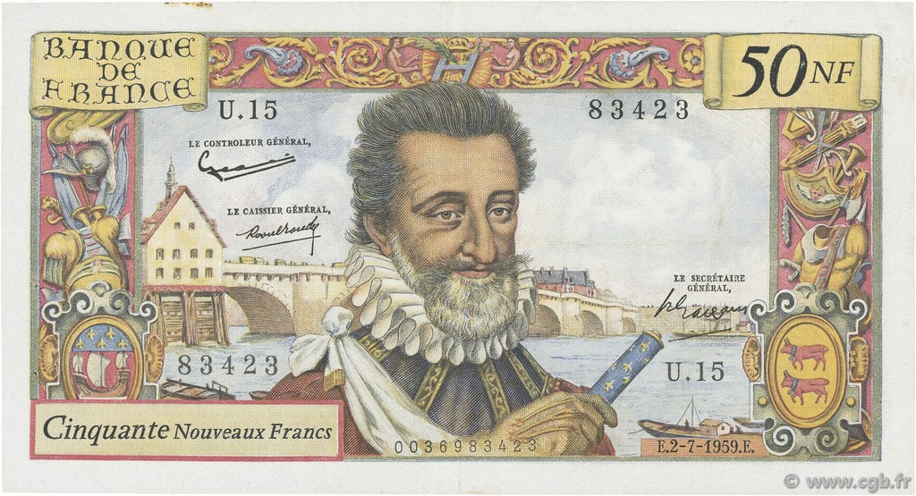 50 Nouveaux Francs HENRI IV FRANCIA  1959 F.58.02 MBC a EBC