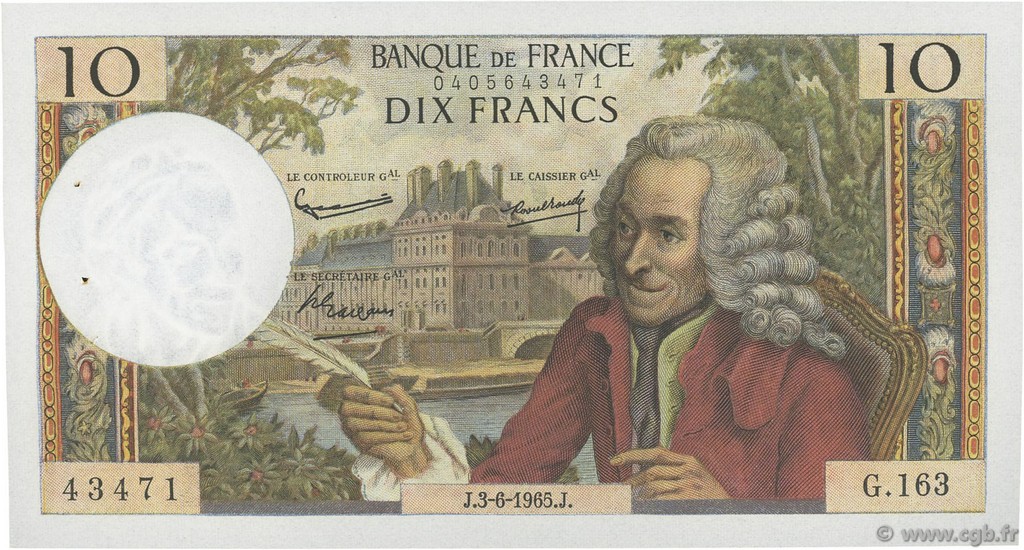 10 Francs VOLTAIRE FRANKREICH  1965 F.62.15 fST