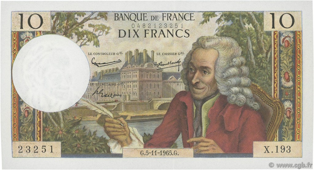 10 Francs VOLTAIRE FRANKREICH  1965 F.62.17 fST
