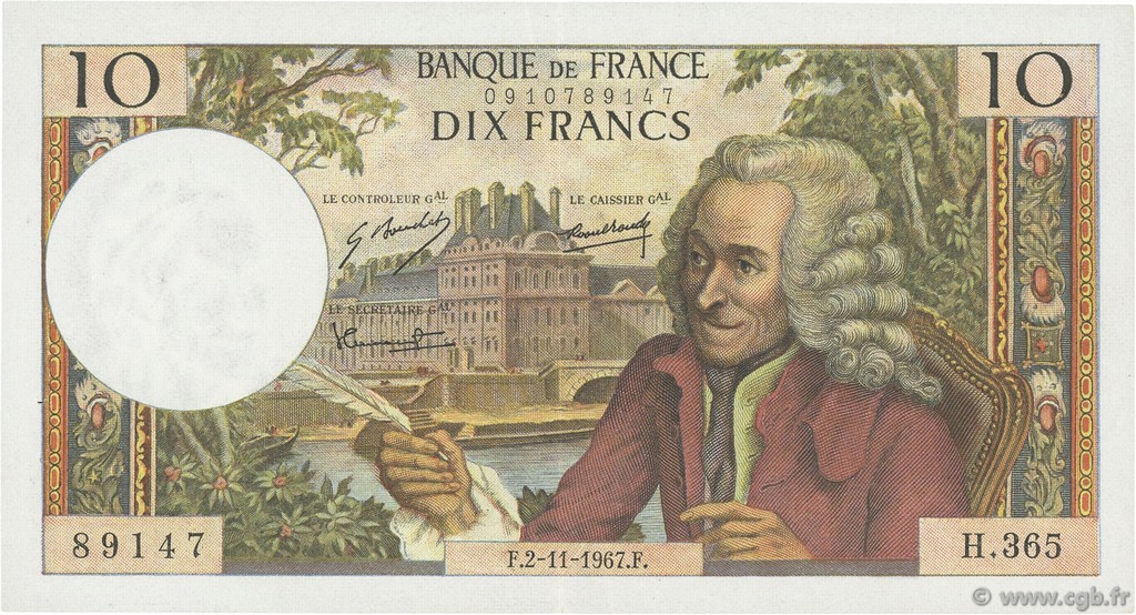 10 Francs VOLTAIRE FRANCE  1967 F.62.29 XF-