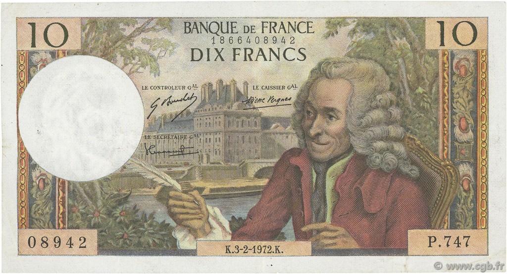 10 Francs VOLTAIRE FRANCE  1972 F.62.54 VF
