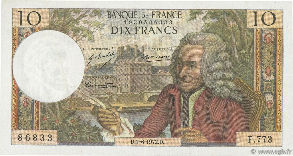 10 Francs VOLTAIRE FRANCE  1972 F.62.56 VF+