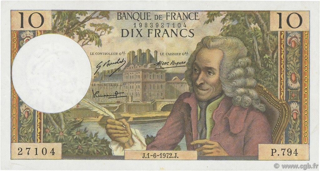10 Francs VOLTAIRE FRANCIA  1972 F.62.57 MBC