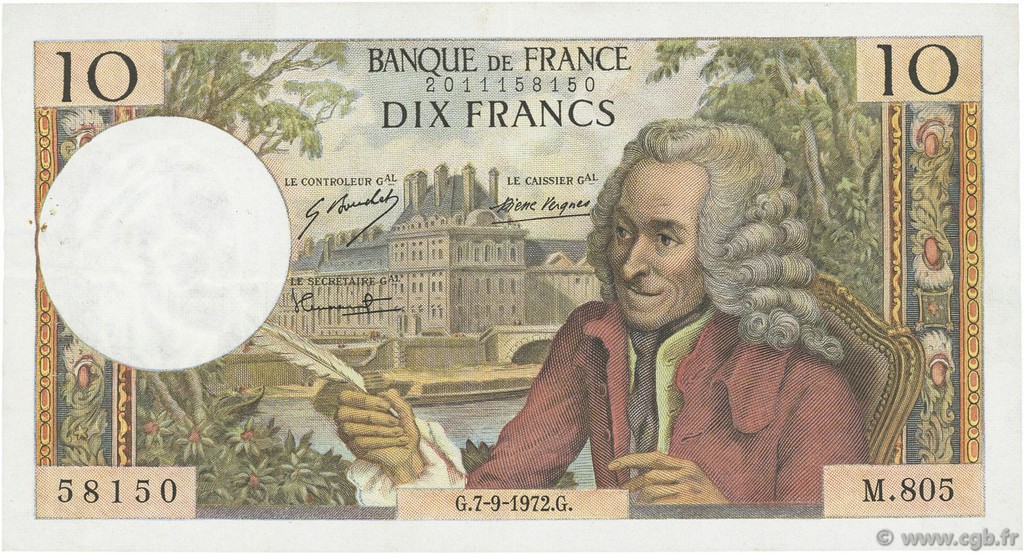 10 Francs VOLTAIRE FRANCE  1972 F.62.58 VF