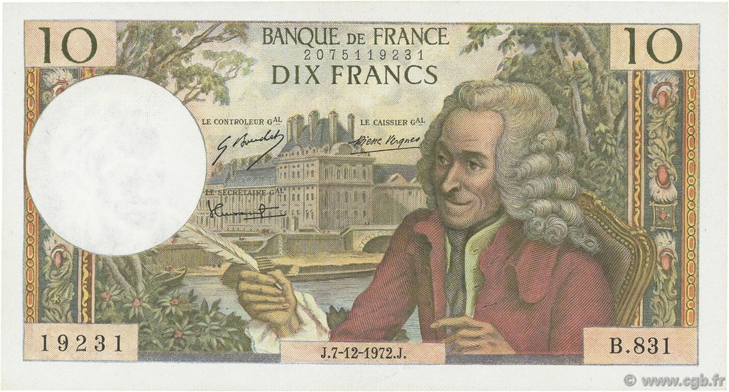 10 Francs VOLTAIRE FRANKREICH  1972 F.62.59 fST
