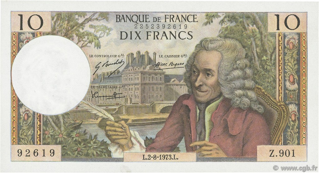 10 Francs VOLTAIRE FRANKREICH  1973 F.62.63 VZ