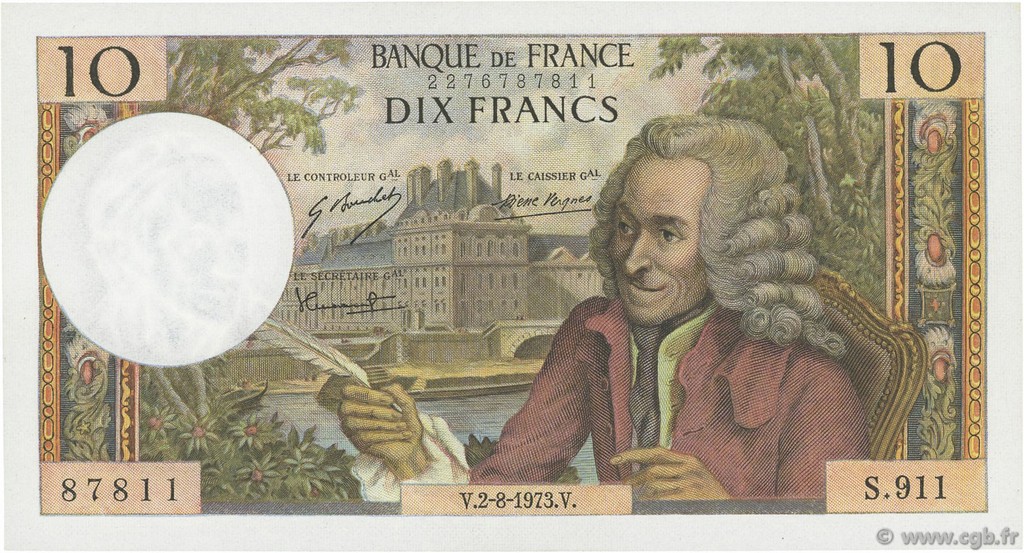 10 Francs VOLTAIRE FRANCE  1973 F.62.63 XF