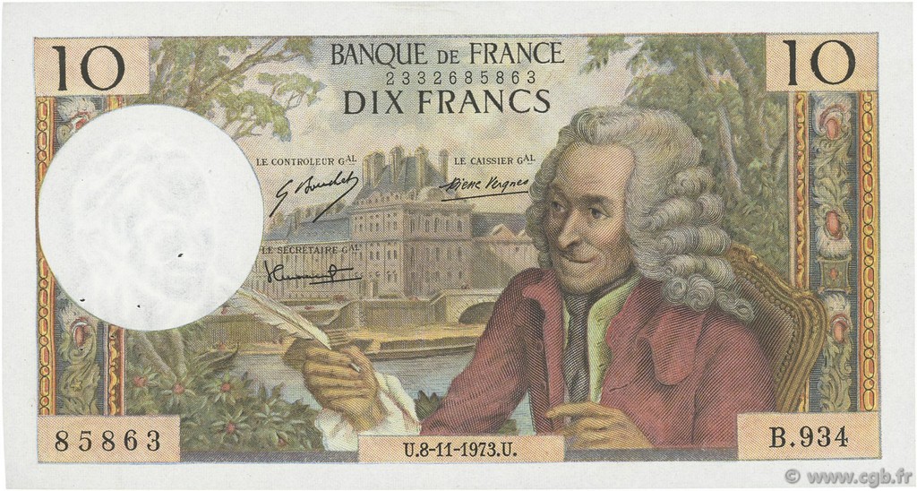 10 Francs VOLTAIRE FRANCE  1973 F.62.64 XF-