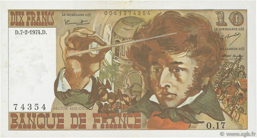 10 Francs BERLIOZ FRANKREICH  1974 F.63.03 fVZ