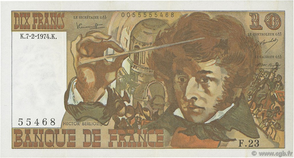 10 Francs BERLIOZ FRANCE  1974 F.63.03 XF-