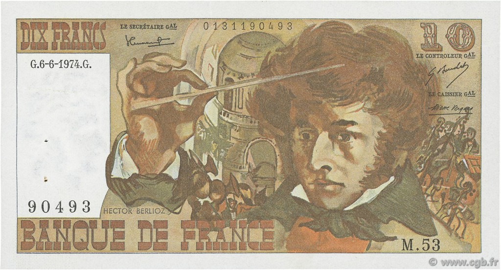 10 Francs BERLIOZ FRANKREICH  1974 F.63.05 fVZ