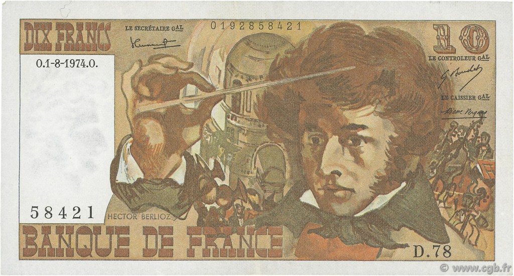 10 Francs BERLIOZ FRANCE  1974 F.63.06 VF+