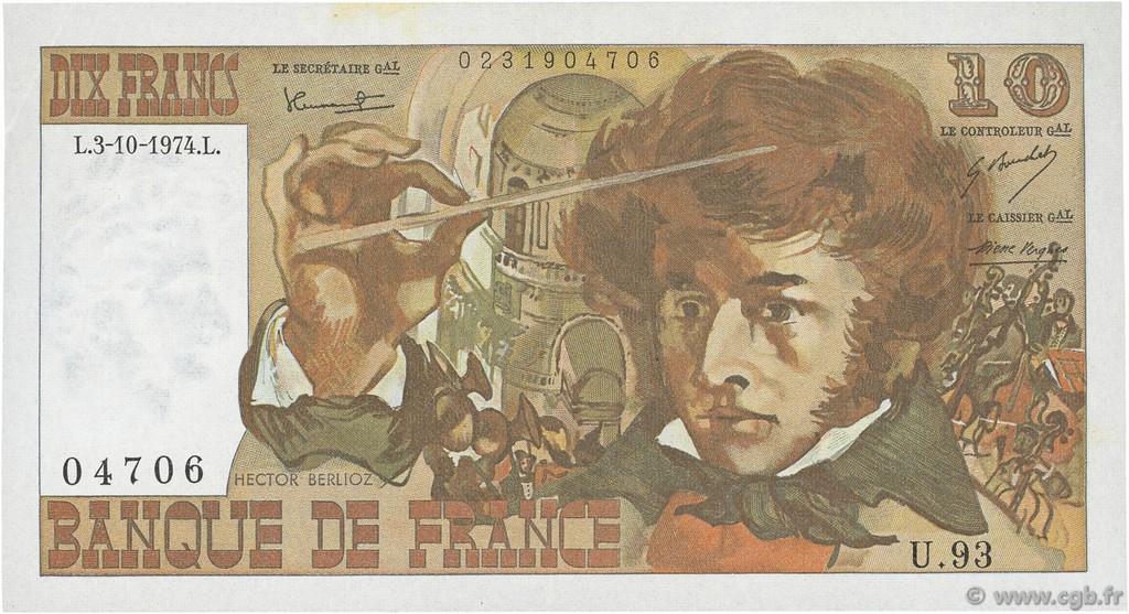 10 Francs BERLIOZ FRANCE  1974 F.63.07a XF+