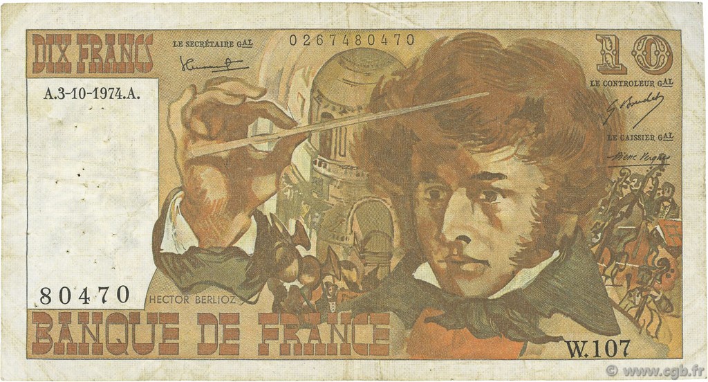 10 Francs BERLIOZ FRANCIA  1974 F.63.07b q.MB