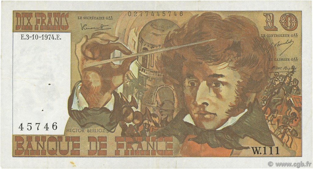 10 Francs BERLIOZ FRANCE  1974 F.63.07b VF-