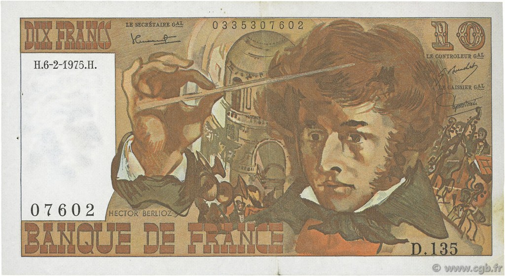 10 Francs BERLIOZ FRANCE  1975 F.63.08 XF-
