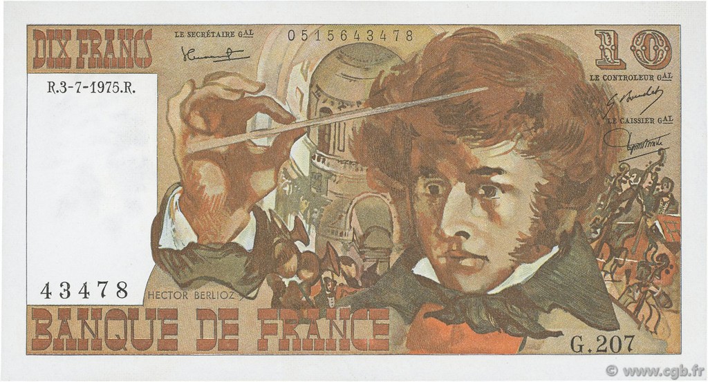10 Francs BERLIOZ FRANKREICH  1975 F.63.11 fST+