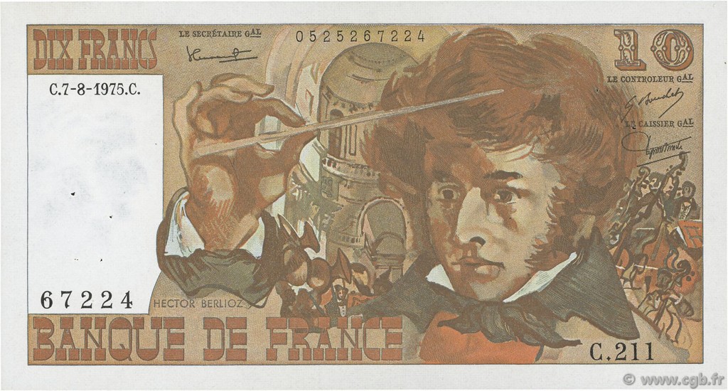 10 Francs BERLIOZ FRANCE  1975 F.63.12 XF