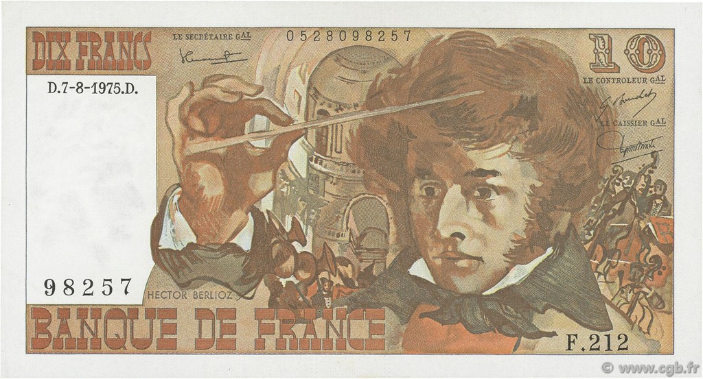 10 Francs BERLIOZ FRANCE  1975 F.63.12 XF