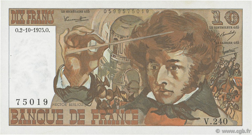 10 Francs BERLIOZ FRANCE  1975 F.63.13 XF