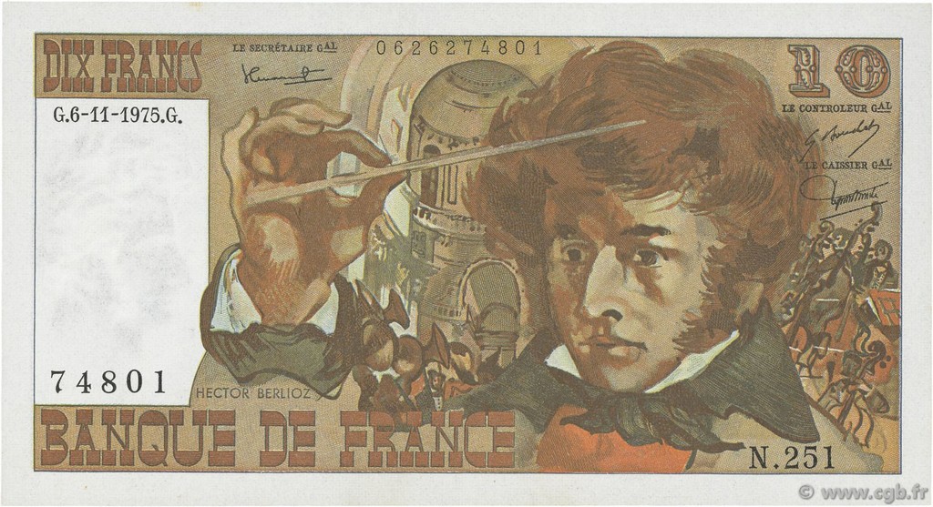 10 Francs BERLIOZ FRANCE  1975 F.63.14 XF