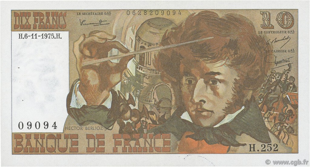10 Francs BERLIOZ FRANCE  1975 F.63.14 VF+