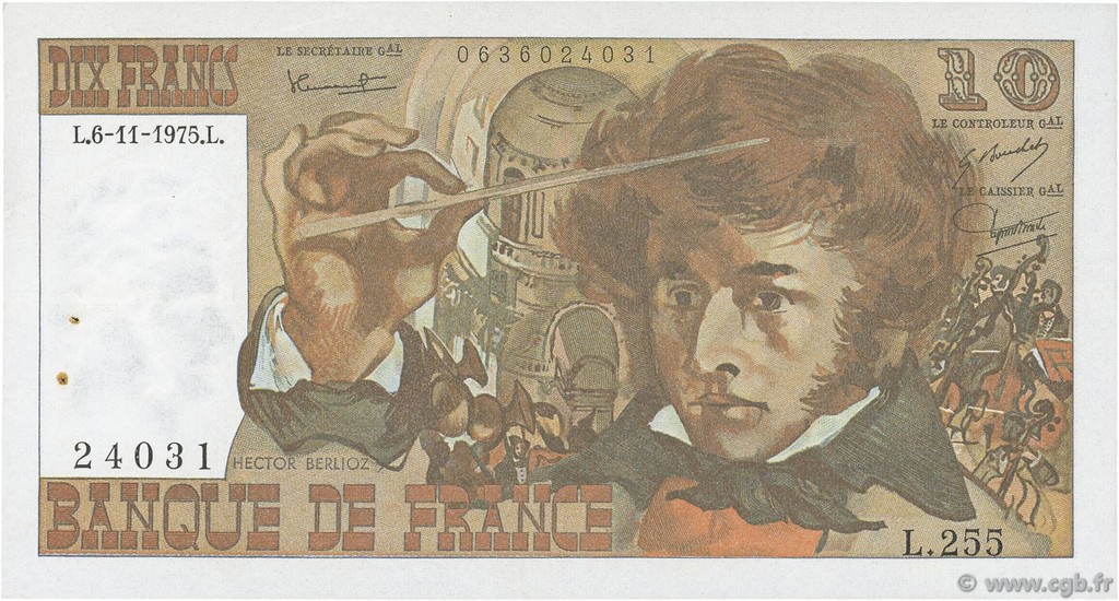 10 Francs BERLIOZ FRANCE  1975 F.63.14 VF