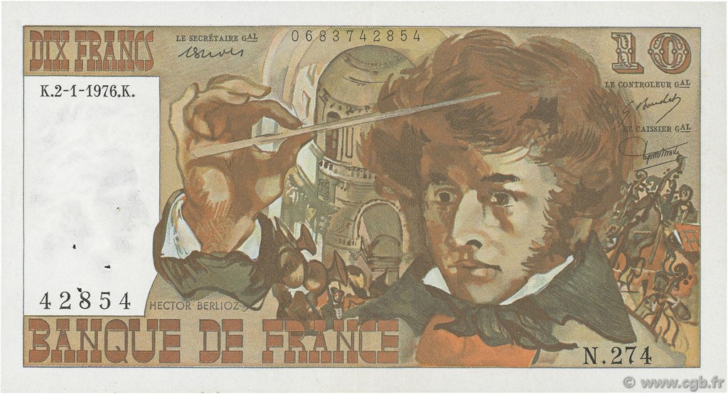 10 Francs BERLIOZ FRANCE  1976 F.63.16 VF