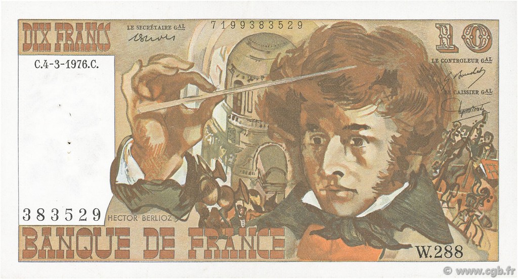 10 Francs BERLIOZ FRANCE  1976 F.63.18 VF+