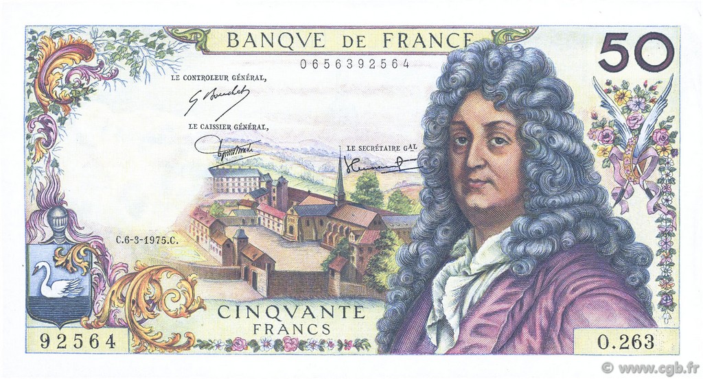 50 Francs RACINE FRANCIA  1975 F.64.29 AU+
