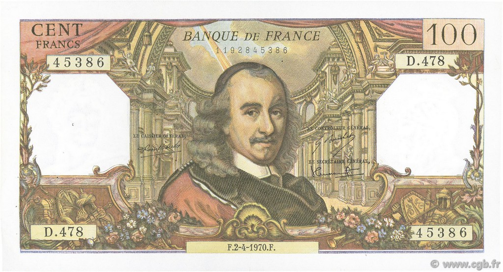 100 Francs CORNEILLE FRANCIA  1970 F.65.31 MBC+