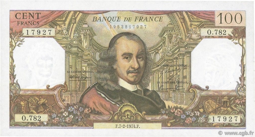 100 Francs CORNEILLE FRANCIA  1974 F.65.45 q.SPL