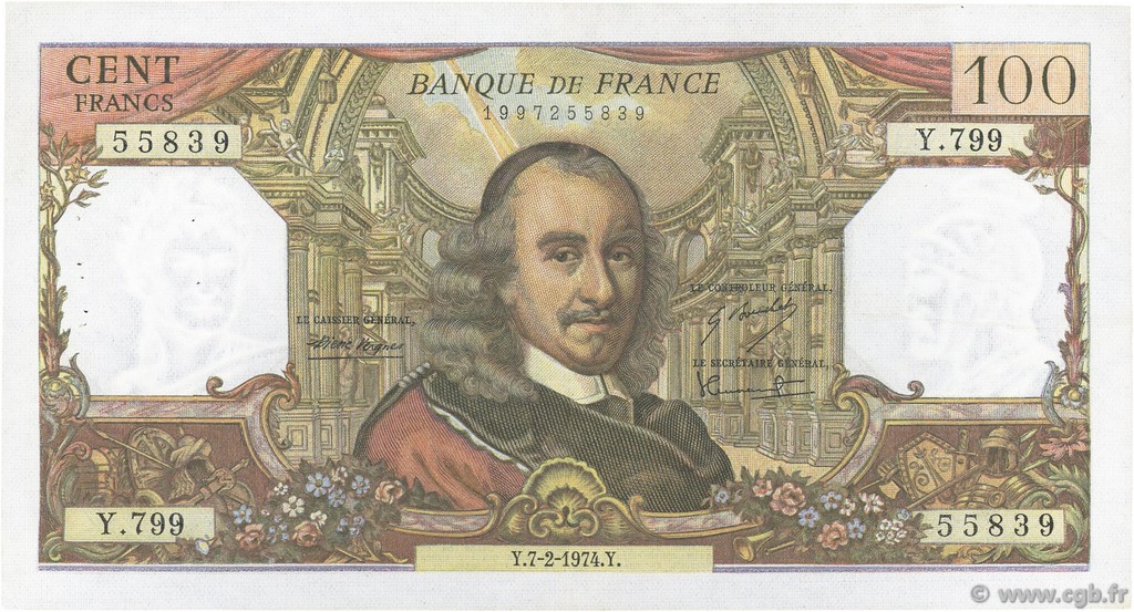 100 Francs CORNEILLE FRANKREICH  1974 F.65.45 fVZ