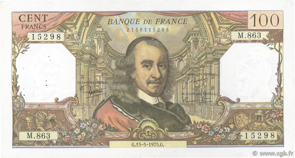 100 Francs CORNEILLE FRANCIA  1975 F.65.49 MBC