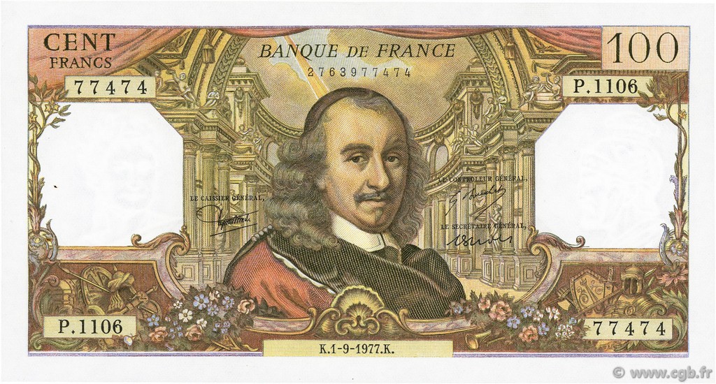 100 Francs CORNEILLE FRANCIA  1977 F.65.59 EBC