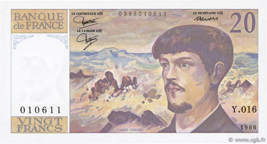 20 Francs DEBUSSY FRANKREICH  1986 F.66.07 fST+