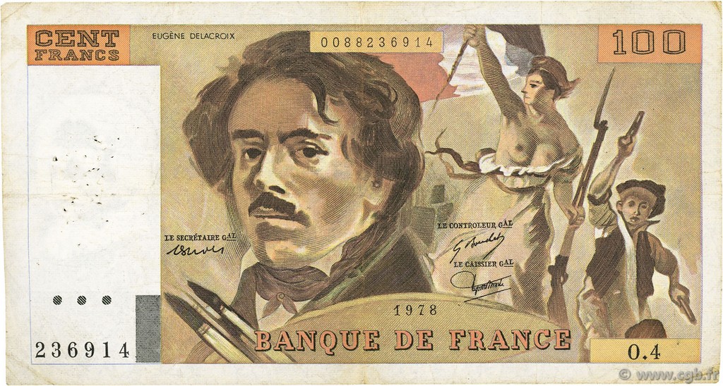 100 Francs DELACROIX modifié FRANCE  1978 F.69.01c TB