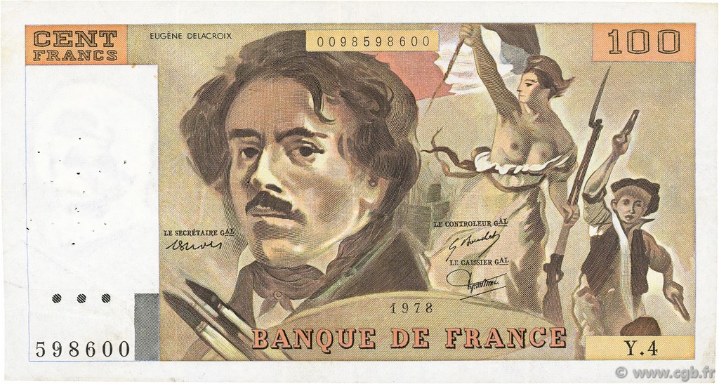 100 Francs DELACROIX modifié FRANCIA  1978 F.69.01c BC a MBC