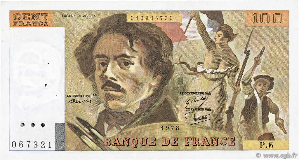 100 Francs DELACROIX modifié FRANCE  1978 F.69.01d VF+