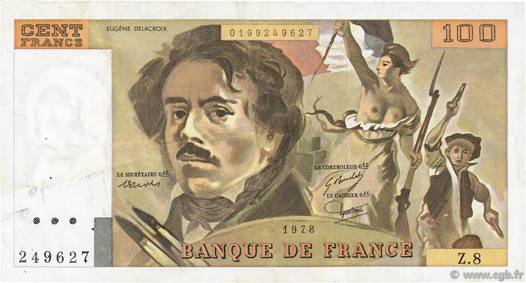 100 Francs DELACROIX modifié FRANCE  1978 F.69.01f VF