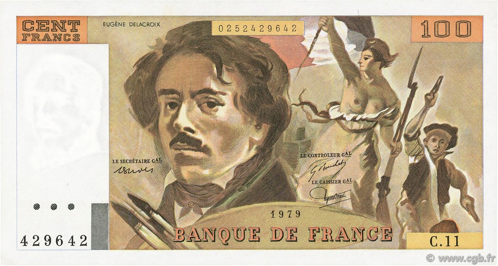 100 Francs DELACROIX modifié FRANCE  1979 F.69.02c XF-
